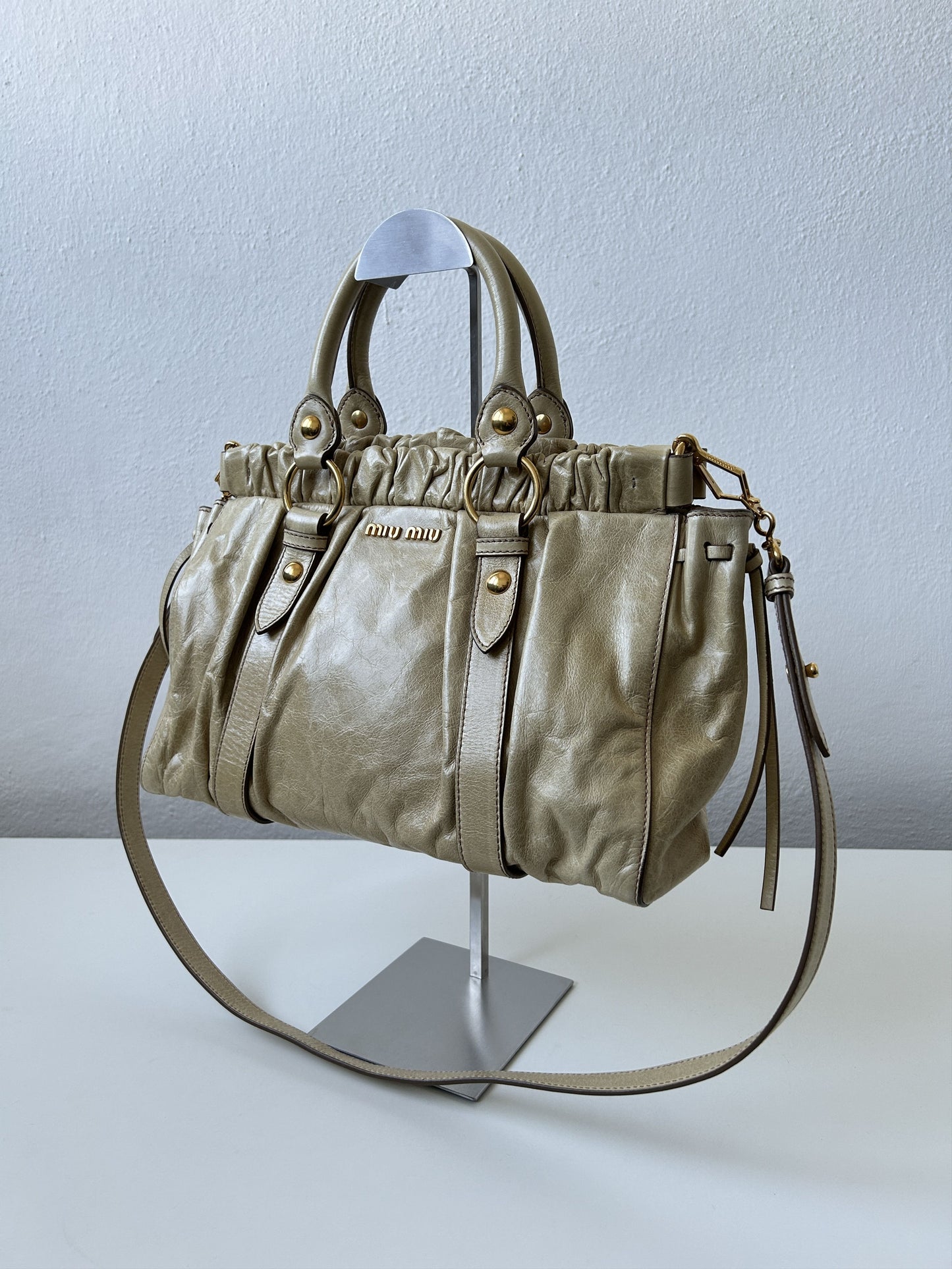 Miu miu vitello bauletto aperto gathered leather handbag