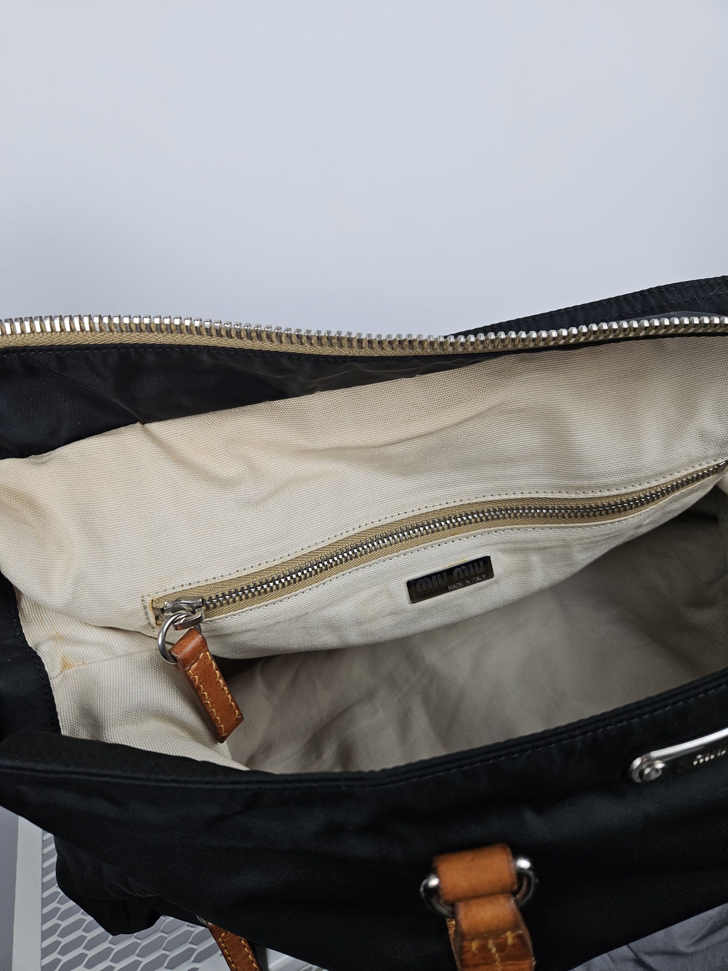 Archive miu miu nylon leather tote bag with cargo pockets