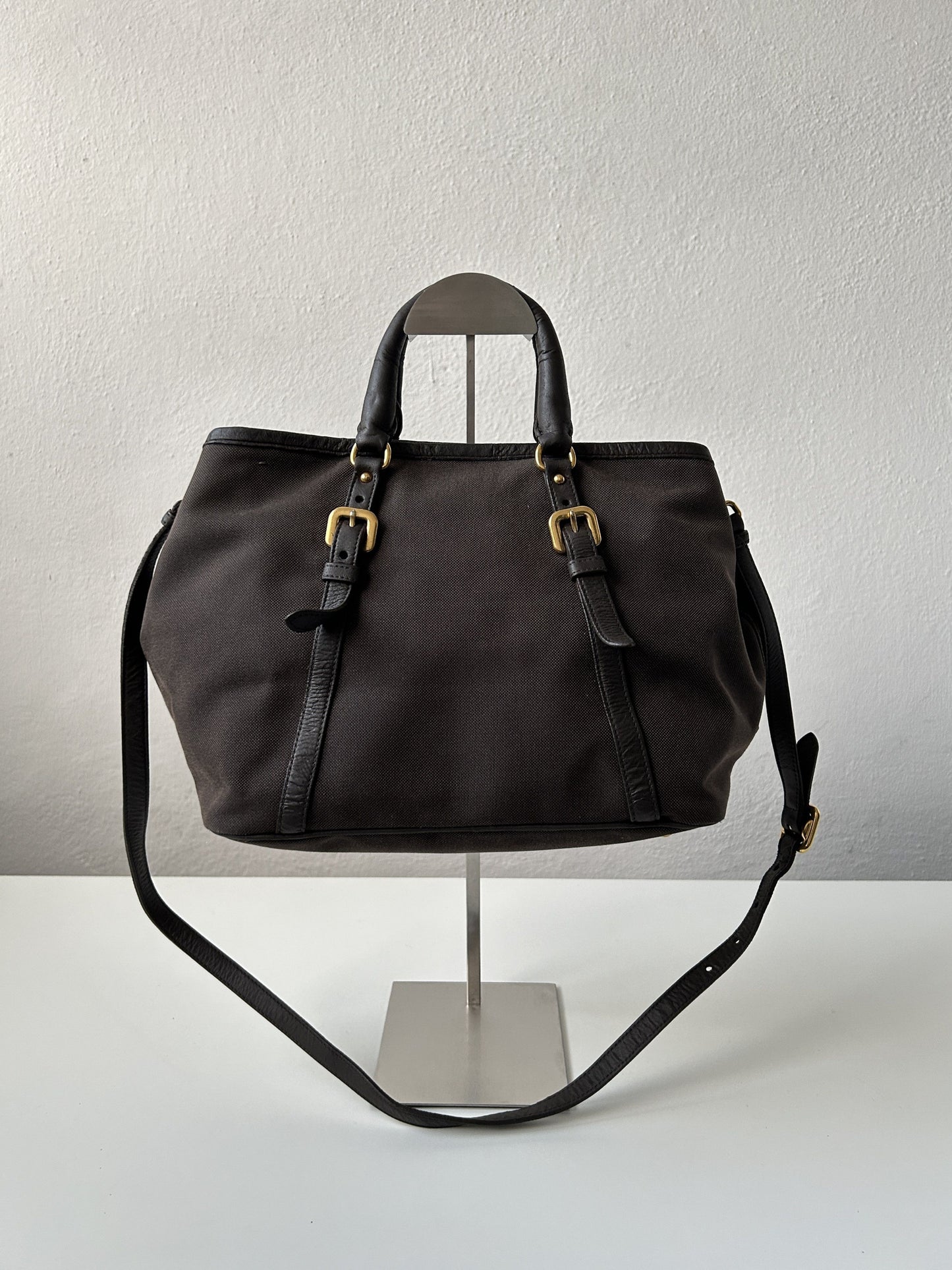 Prada canvas and leather triangle logo tote bag