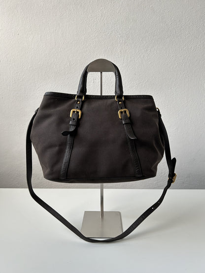 Prada canvas and leather triangle logo tote bag