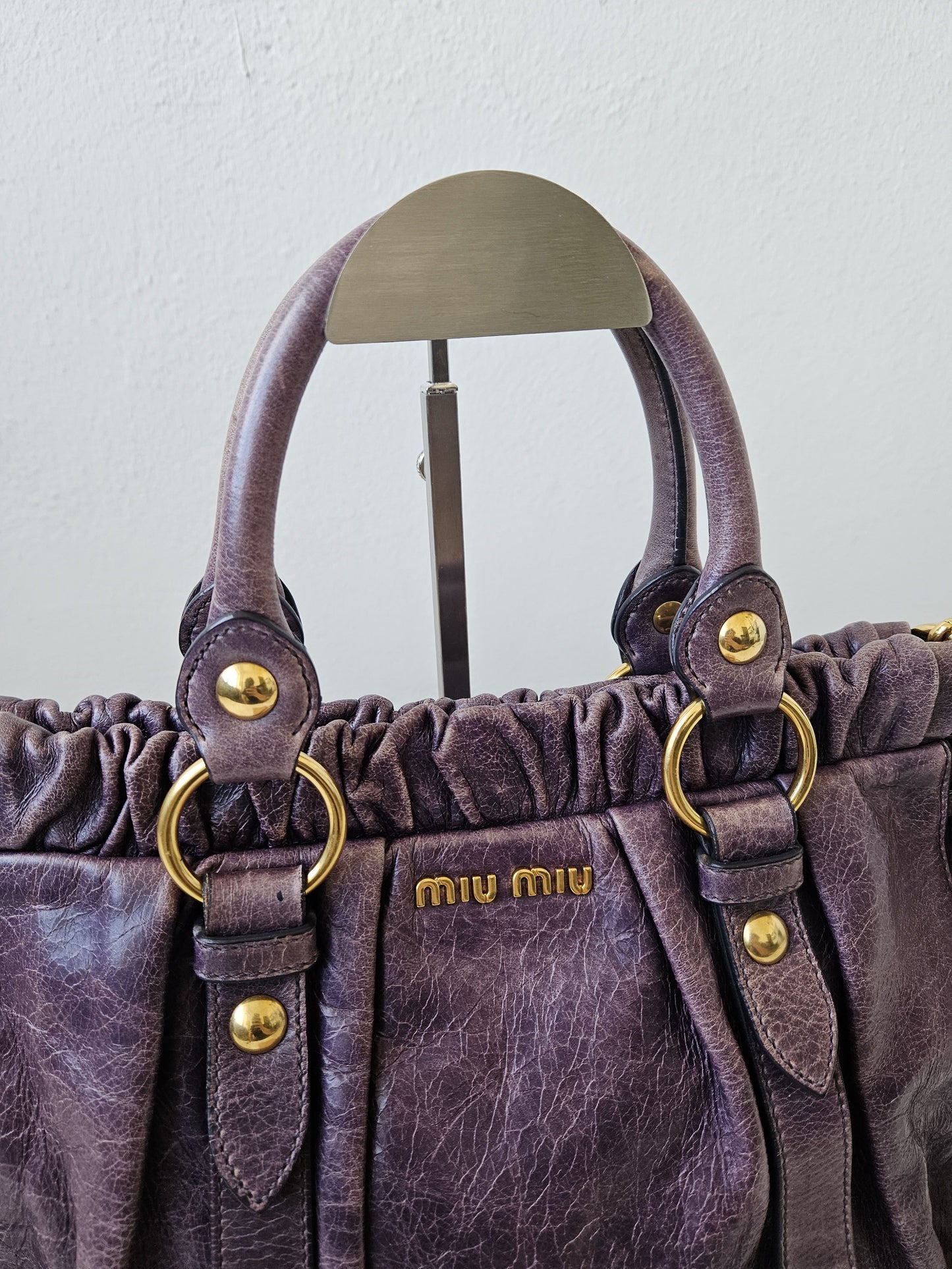 Miu miu vitello bauletto aperto gathered leather handbag