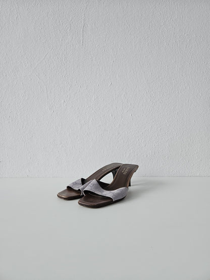 Vintage Gucci monogram canvas high heel open toe mules
