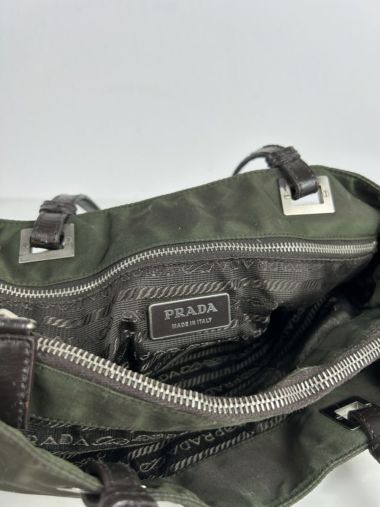 Vintage y2k prada nylon and leather triangle logo tote bag