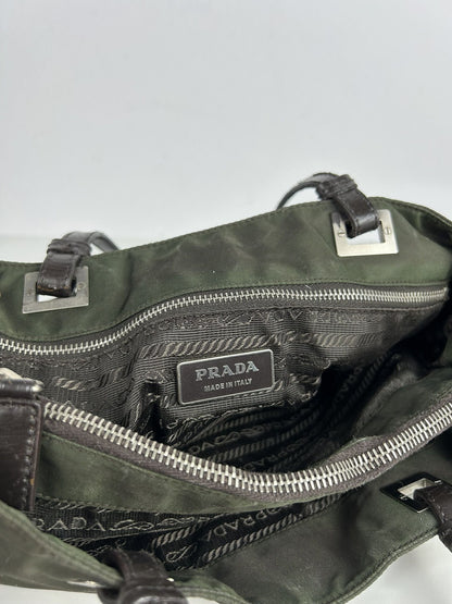 Vintage y2k prada nylon and leather triangle logo tote bag