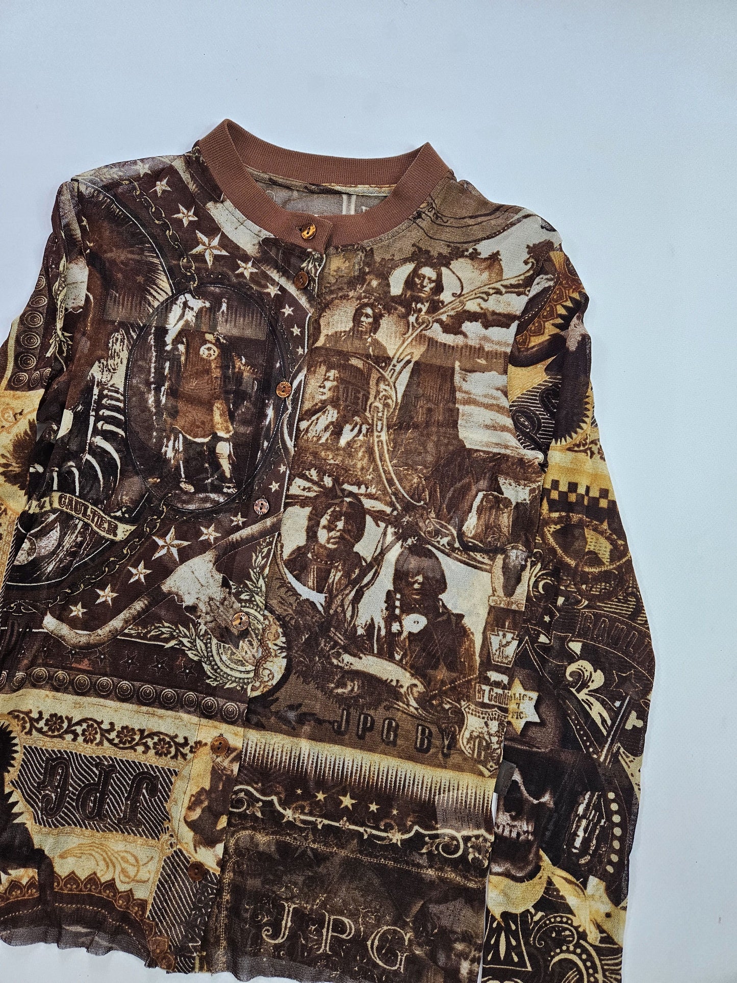 Jean Paul Gaultier jeans native american all over print button up mesh top