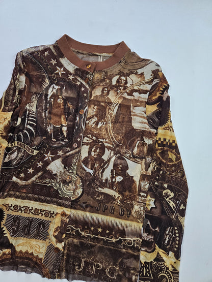 Jean Paul Gaultier jeans native american all over print button up mesh top