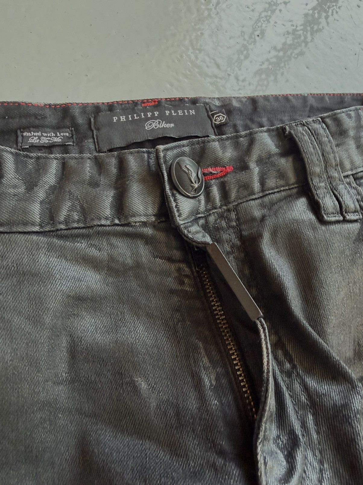 Philipp Plein born&raised distressed waxed biker denim