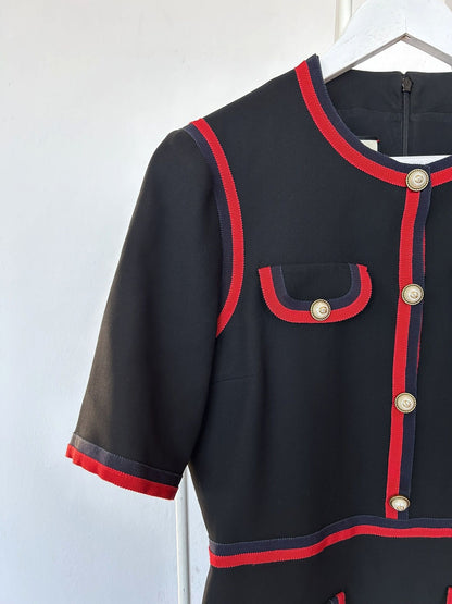 2017 Gucci ribbon trim short sleeve wool and silk mini dress