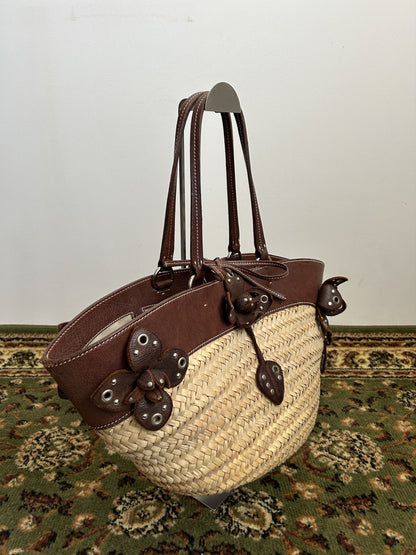 Vintage 90s archive miu miu raffia and leather tote bag