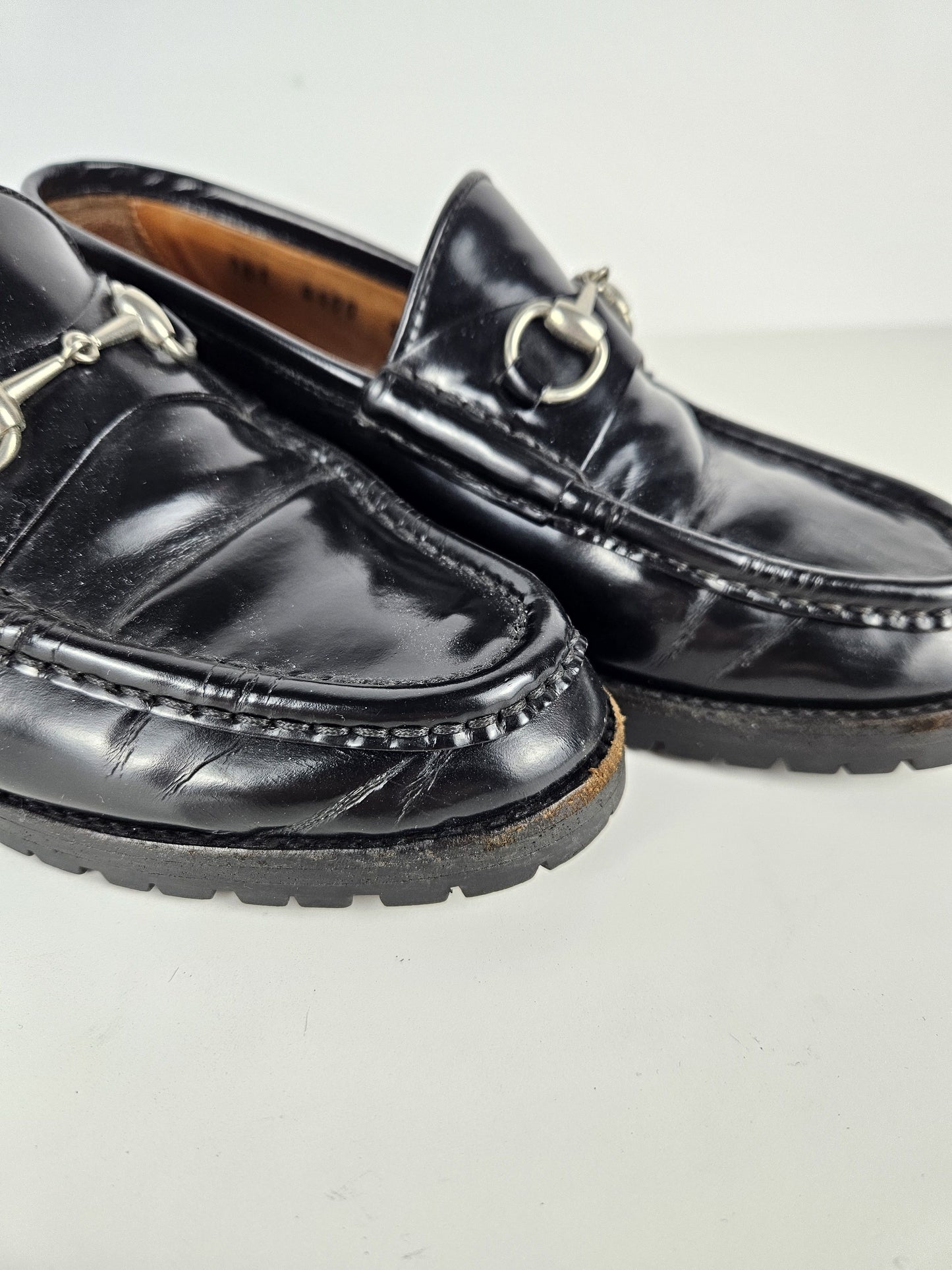 Vintage Gucci notched sole patent leather horsebit loafers