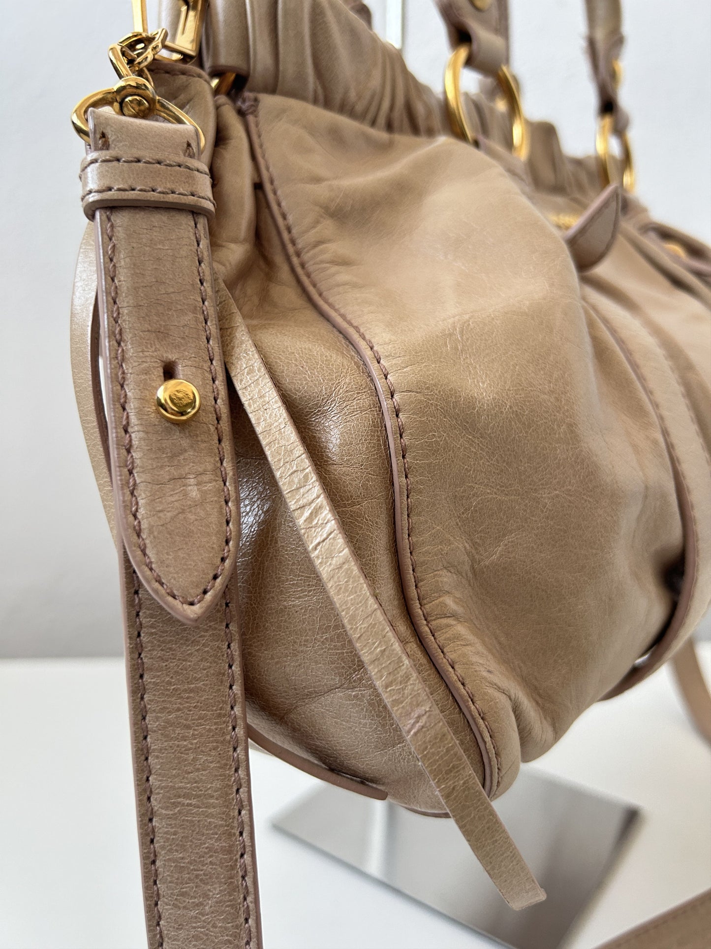 Miu miu vitello bauletto aperto gathered leather handbag