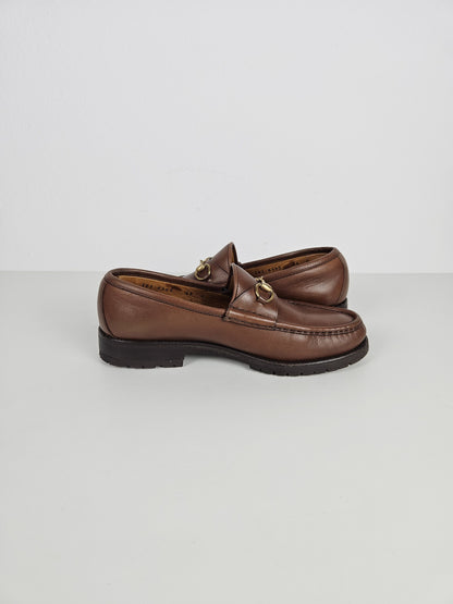 Vintage Gucci leather horsebit loafers with notched thick sole