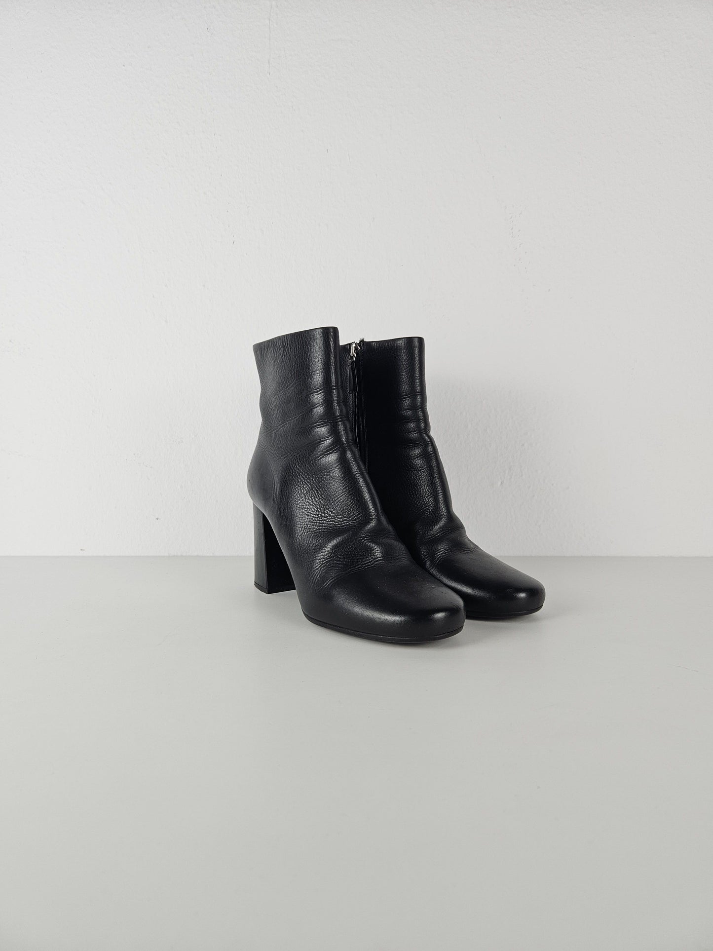 Prada calf leather side zip block heel ankle boots