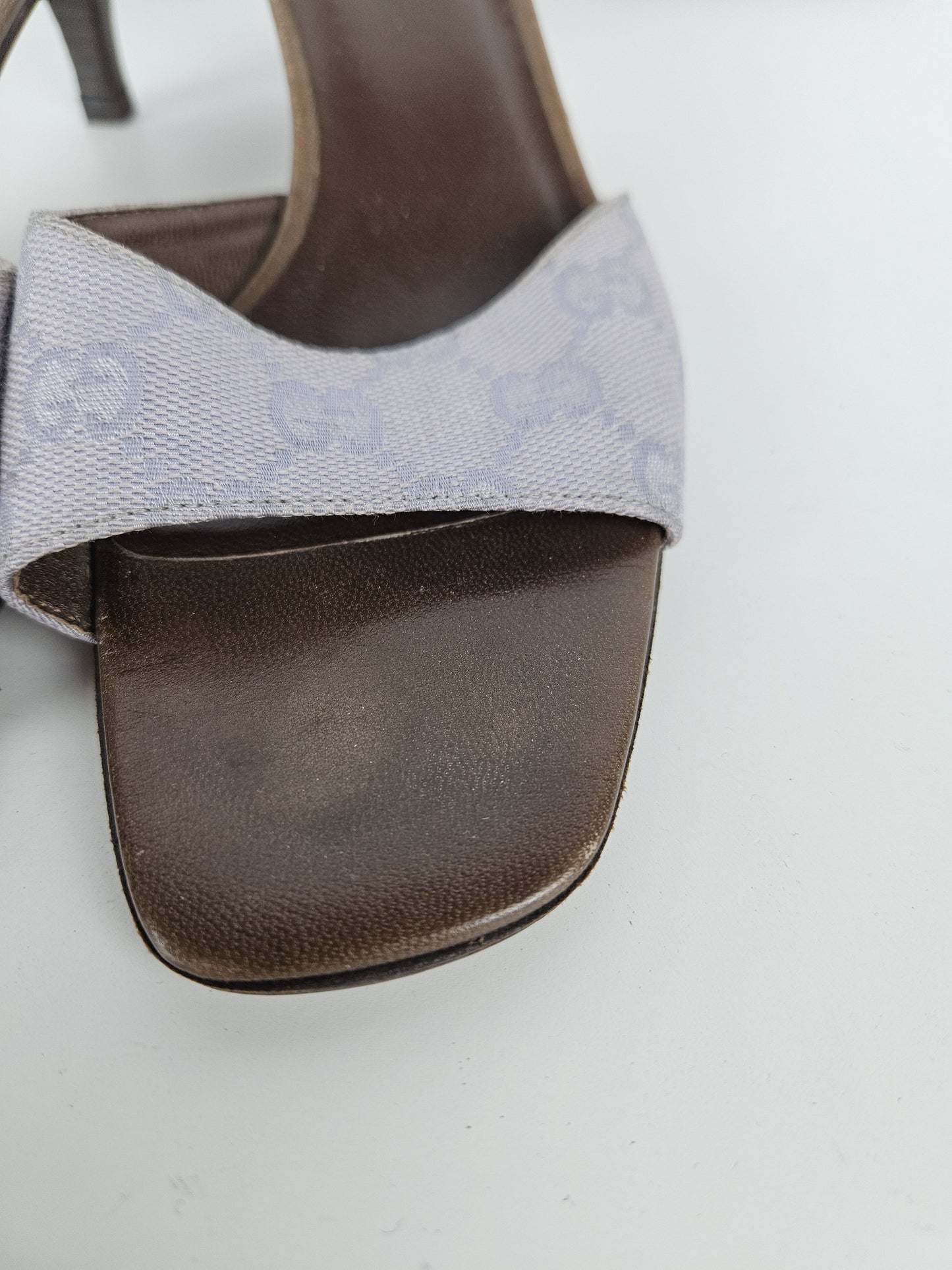 Vintage Gucci monogram canvas high heel open toe mules
