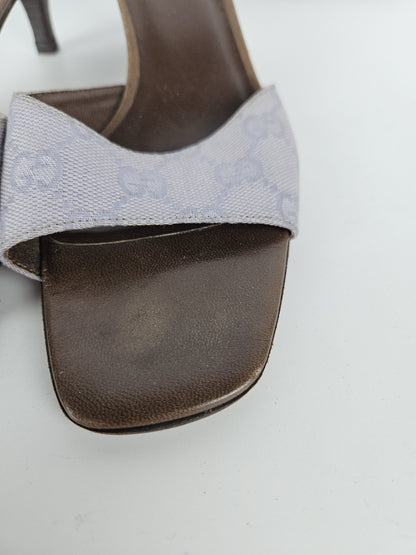 Vintage Gucci monogram canvas high heel open toe mules