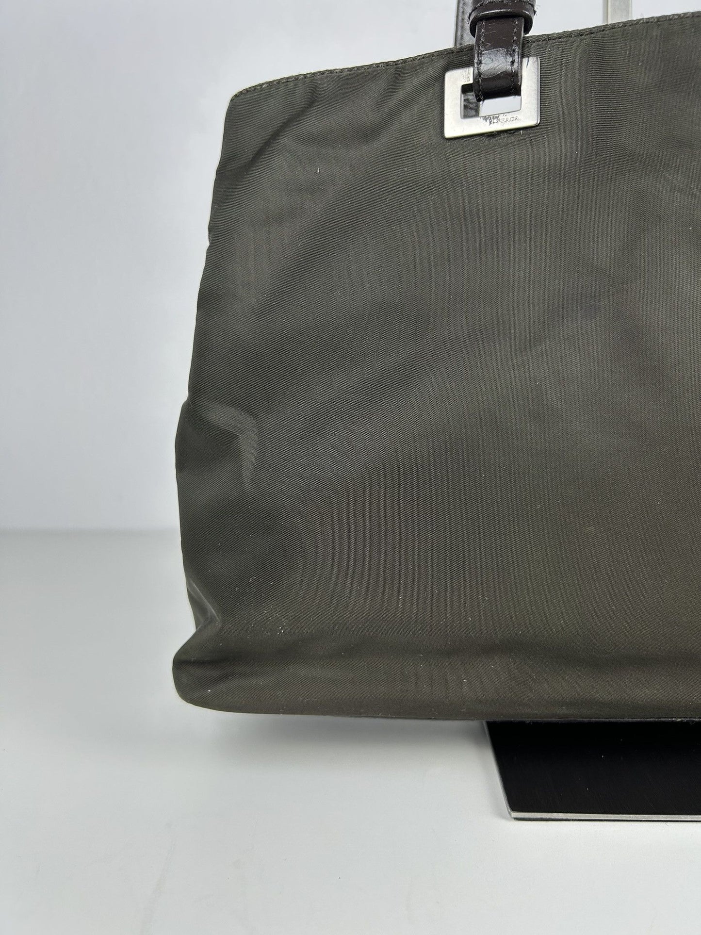 Vintage y2k prada nylon and leather triangle logo tote bag