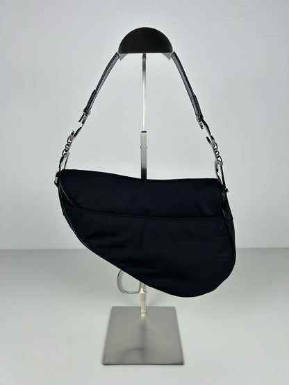 2001 Dior black satin and patent leather saddle bag