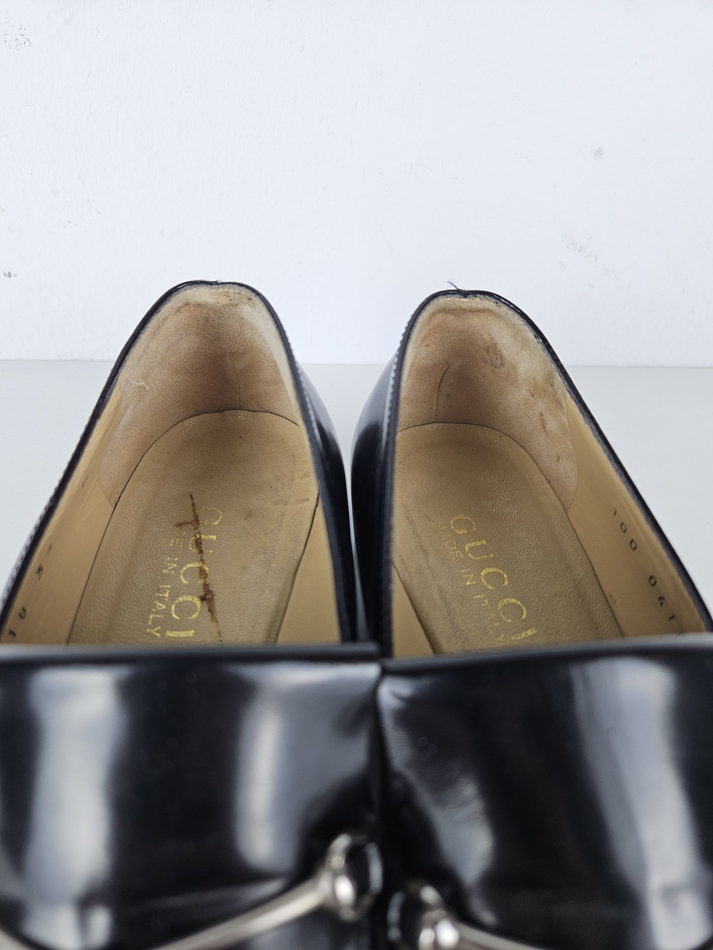 Vintage Gucci patent leather low block heel horsebit loafers