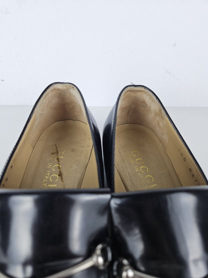 Vintage Gucci patent leather low block heel horsebit loafers