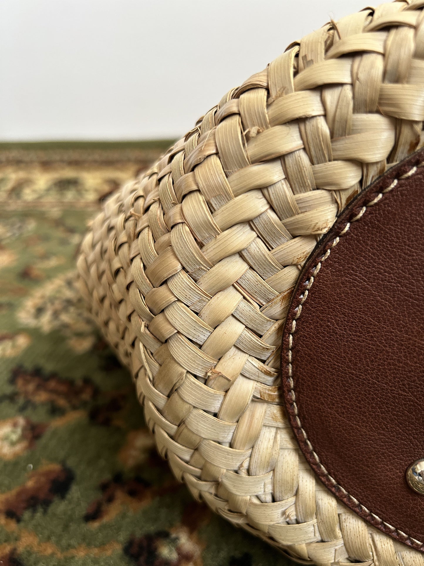 Vintage 90s archive miu miu raffia and leather tote bag