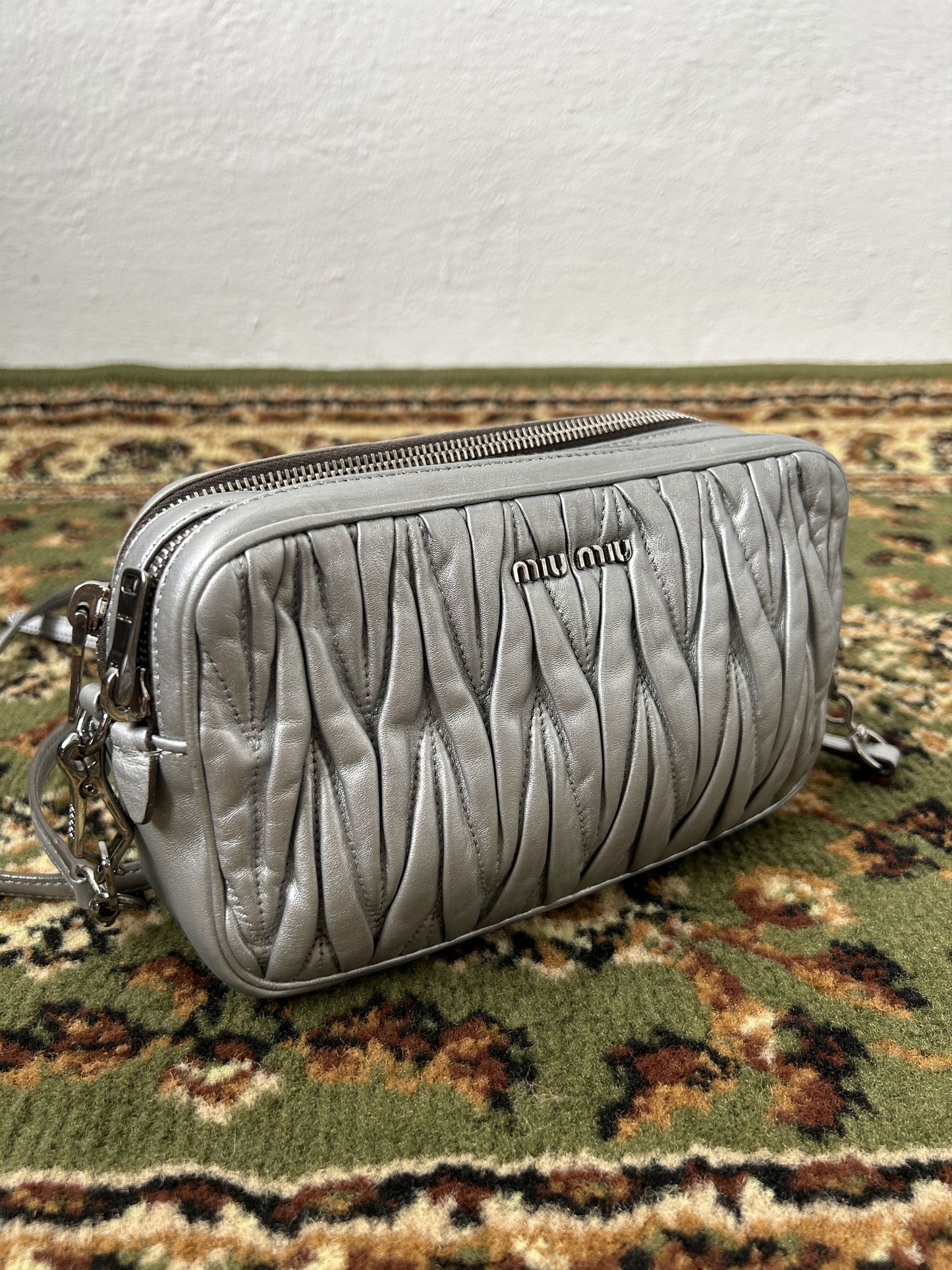 Miu miu matelasse pleated leather silver small crossbody bag