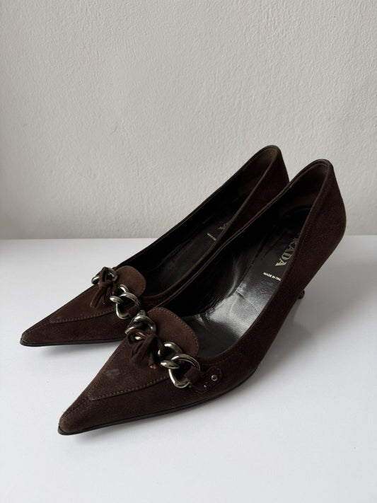 Vintage Prada suede pointed toe chain detail kitten heels
