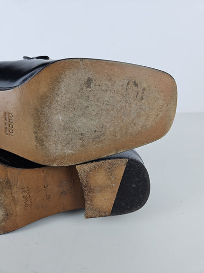 Vintage Gucci patent leather low block heel horsebit loafers