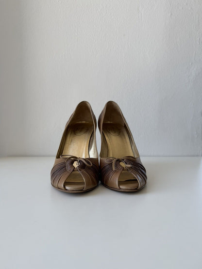 Prada pleated leather open toe pumps