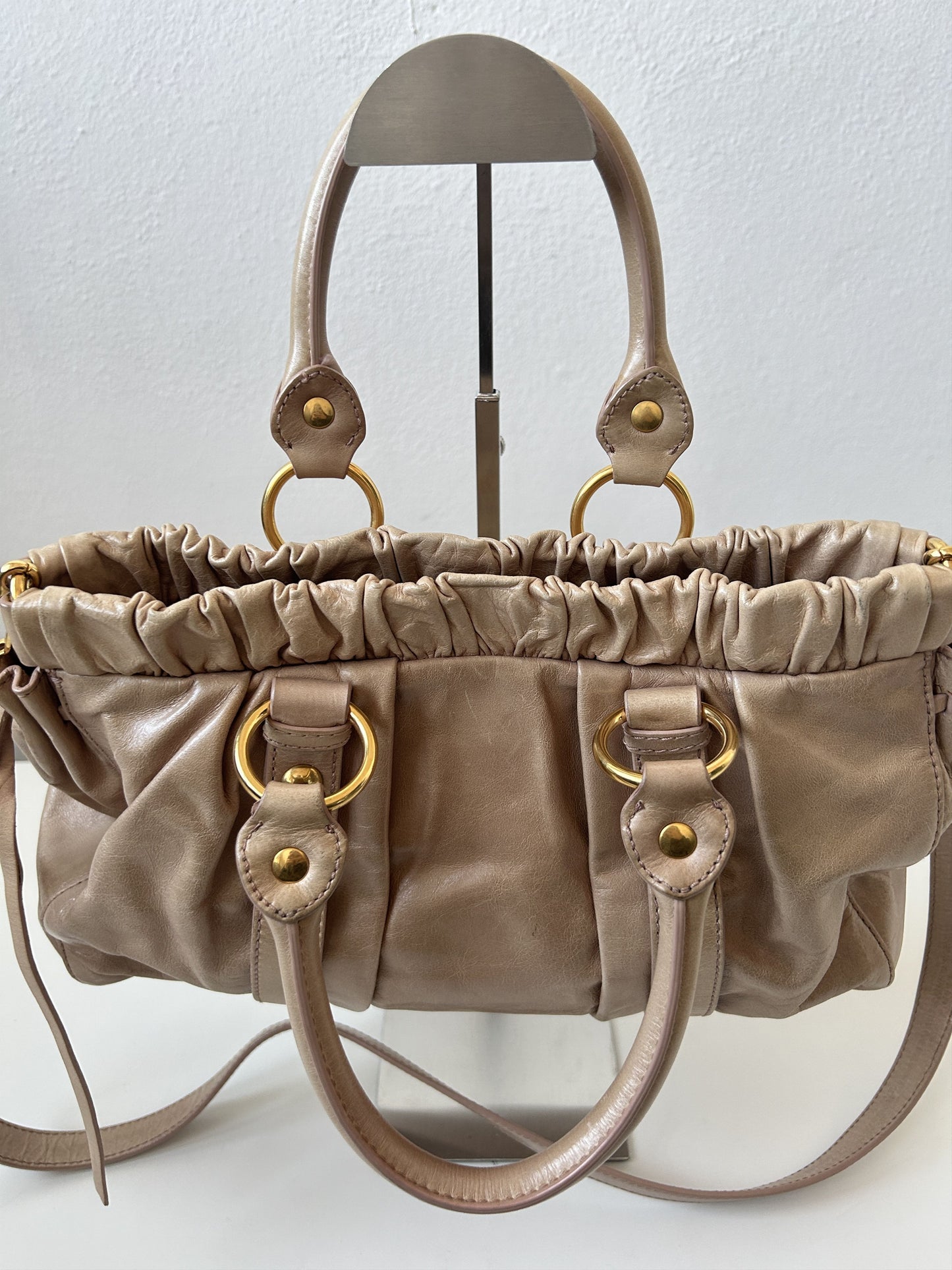 Miu miu vitello bauletto aperto gathered leather handbag
