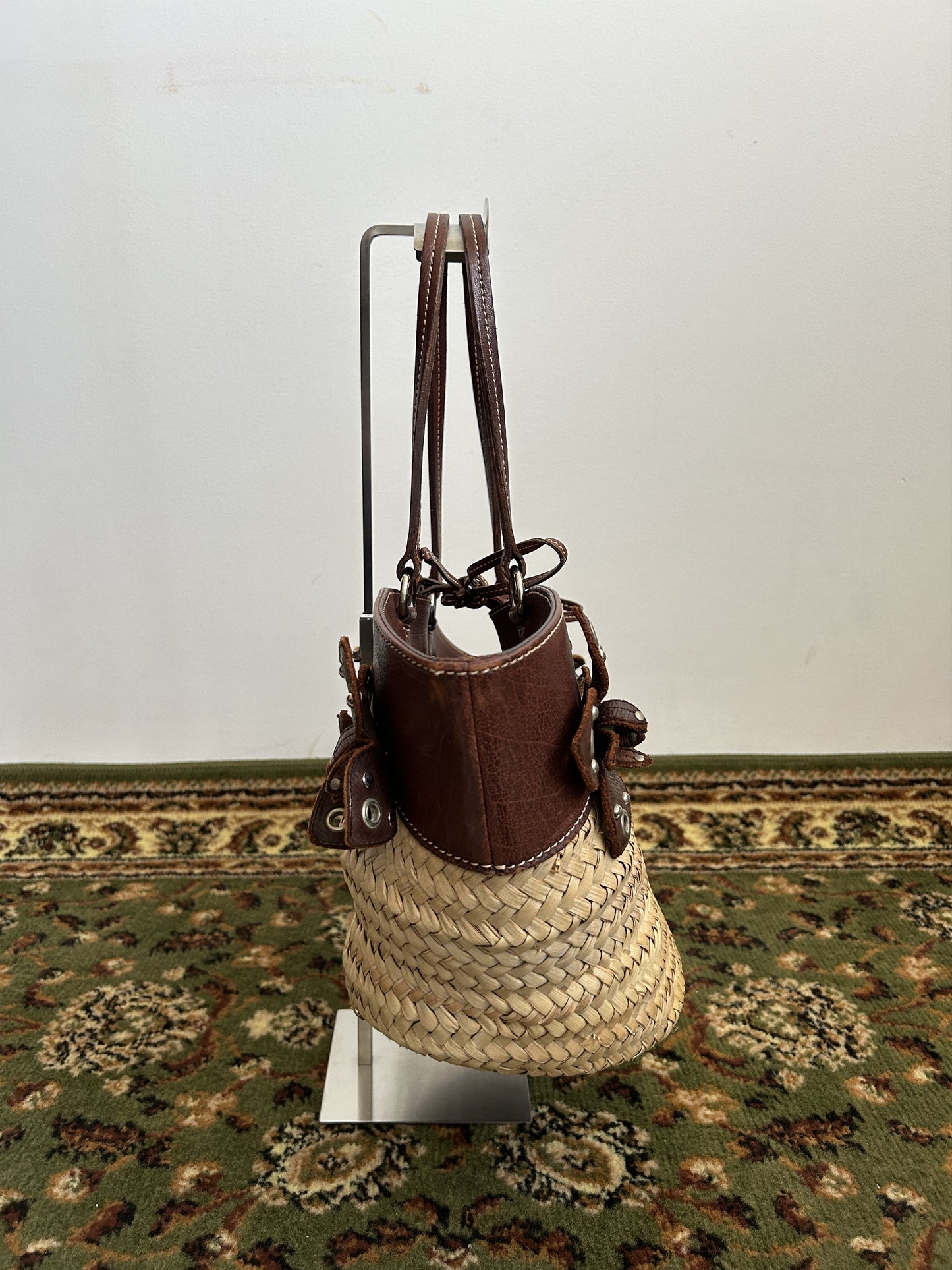 Vintage 90s archive miu miu raffia and leather tote bag