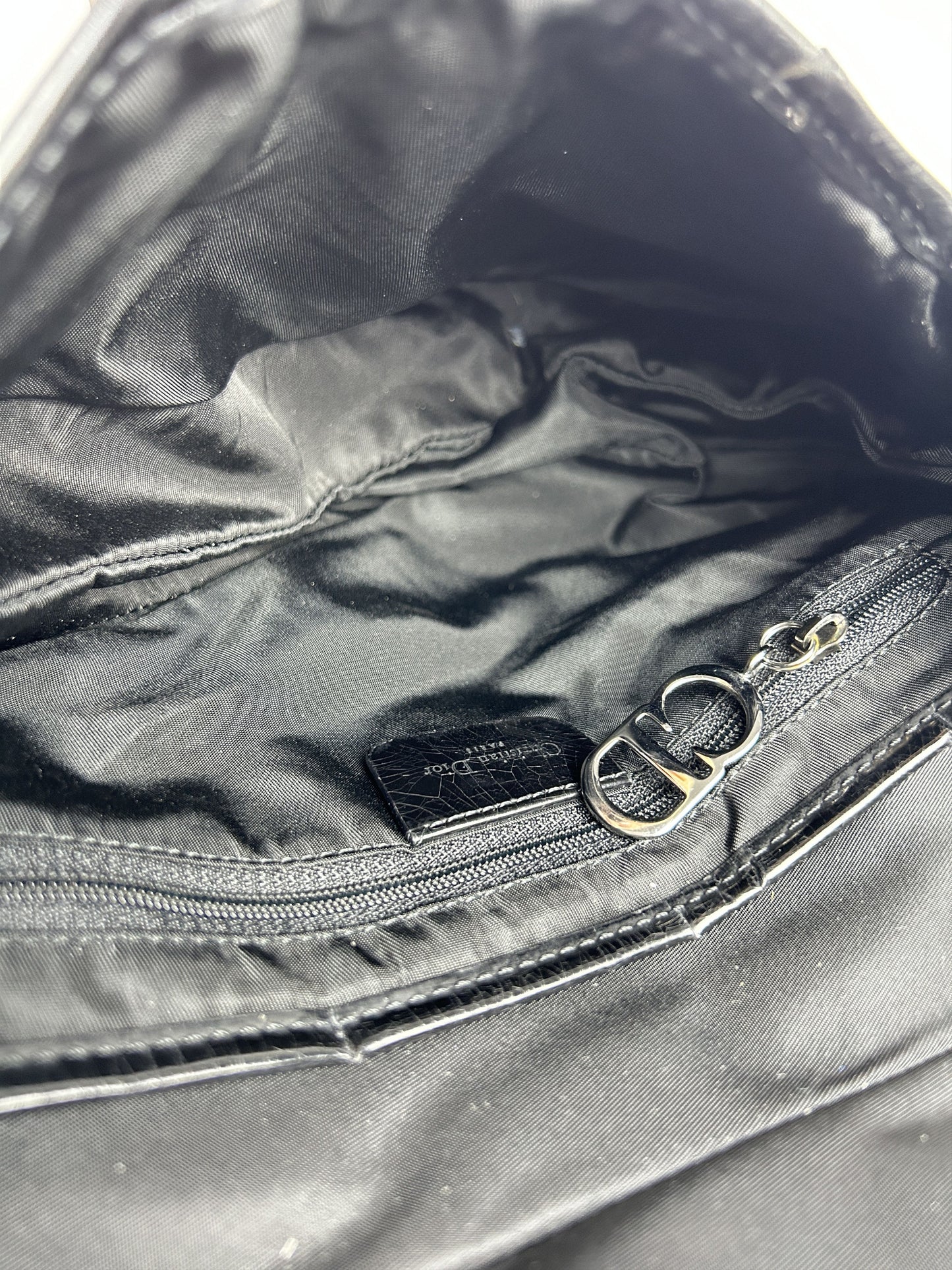 2001 Dior black satin and patent leather saddle bag