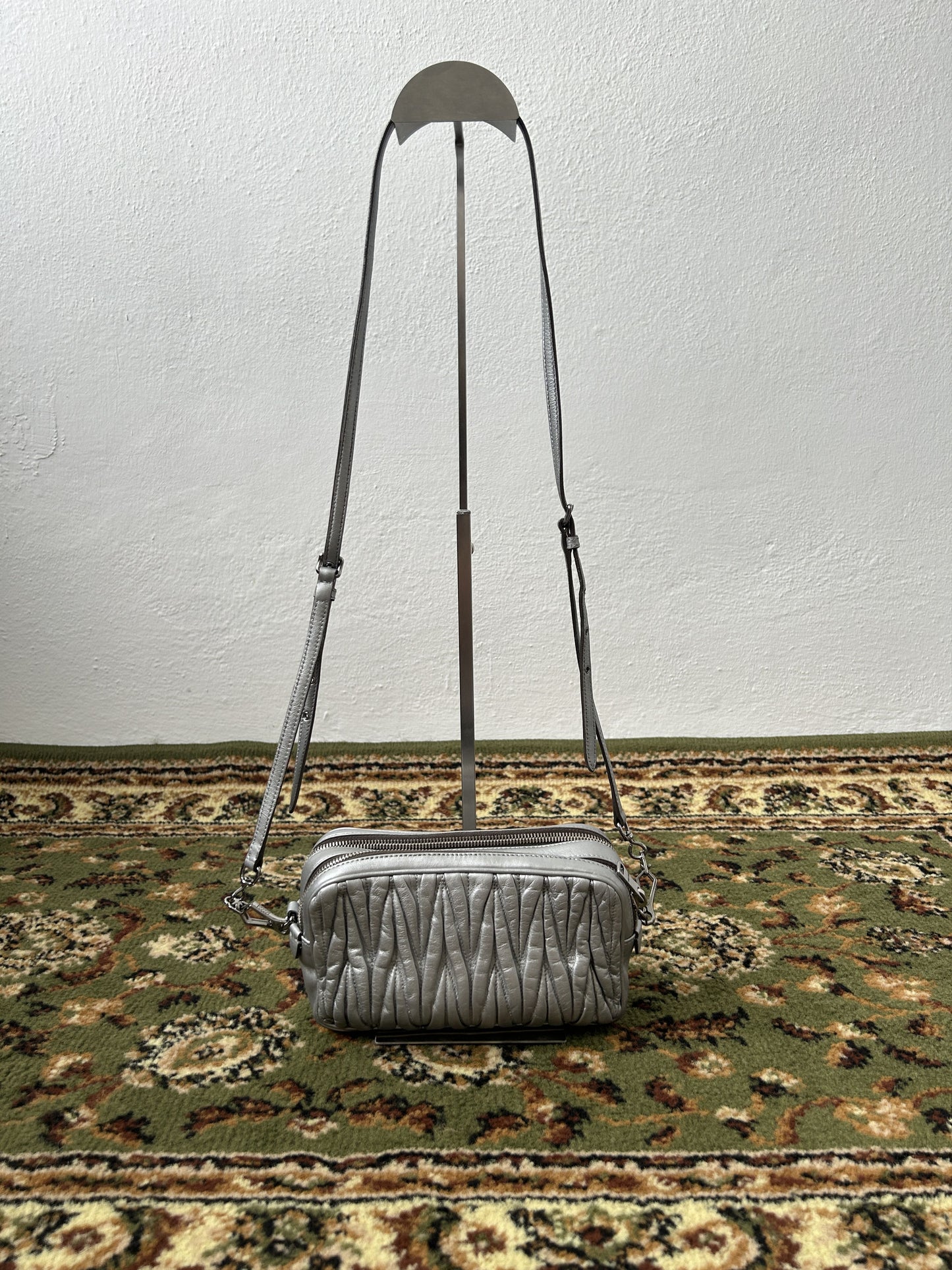 Miu miu matelasse pleated leather silver small crossbody bag