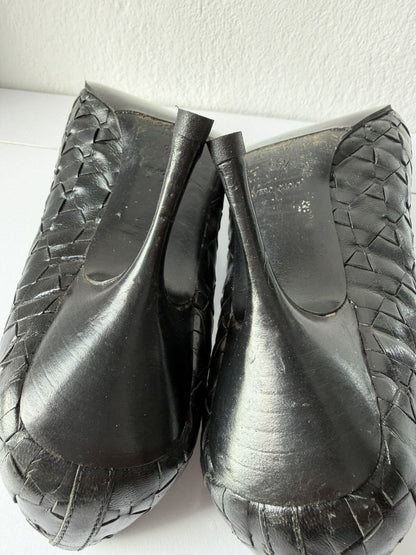 Prada woven leather long toe pumps with bow