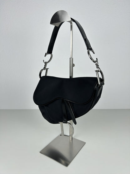 2001 Dior black satin and patent leather saddle bag