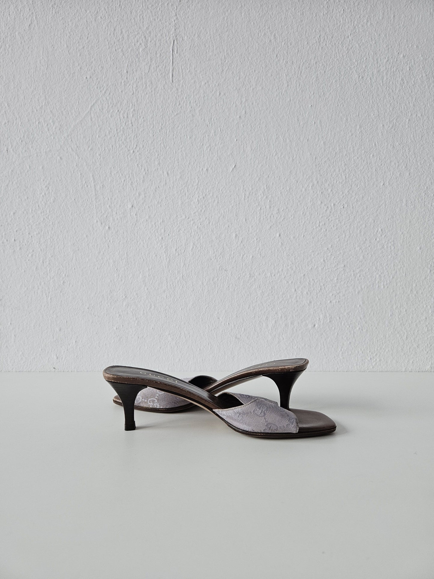 Vintage Gucci monogram canvas high heel open toe mules