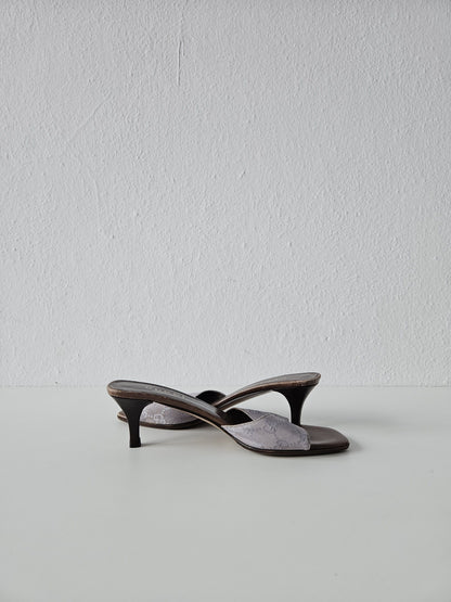 Vintage Gucci monogram canvas high heel open toe mules